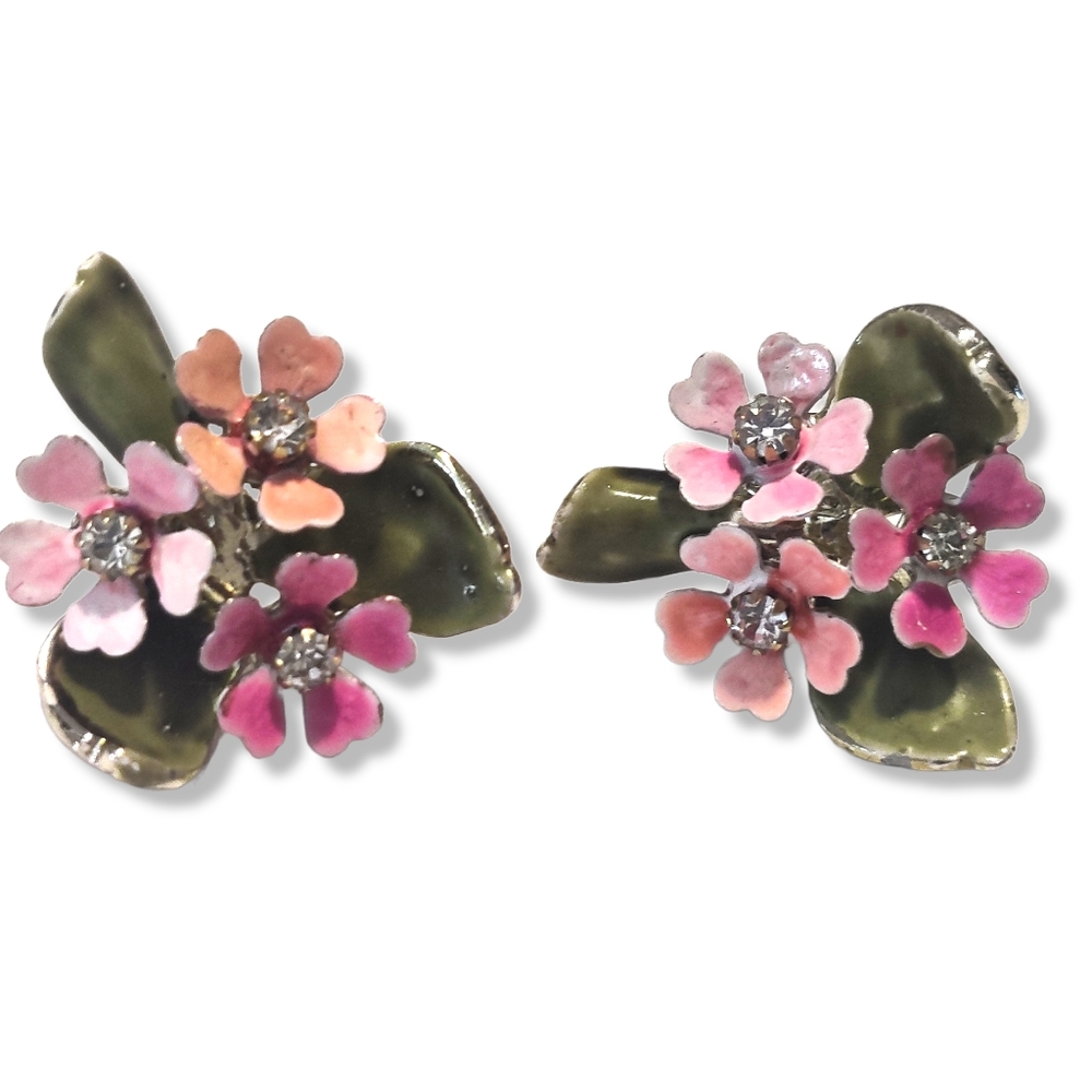 Coro Vintage pink and green enamel with rhinestone accent screw back earrings.